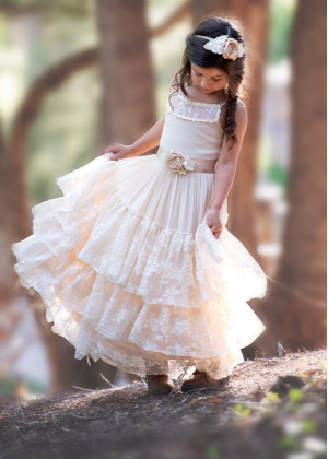 Champagne Lace Tulle Tiered Boho Flower Girl Dress